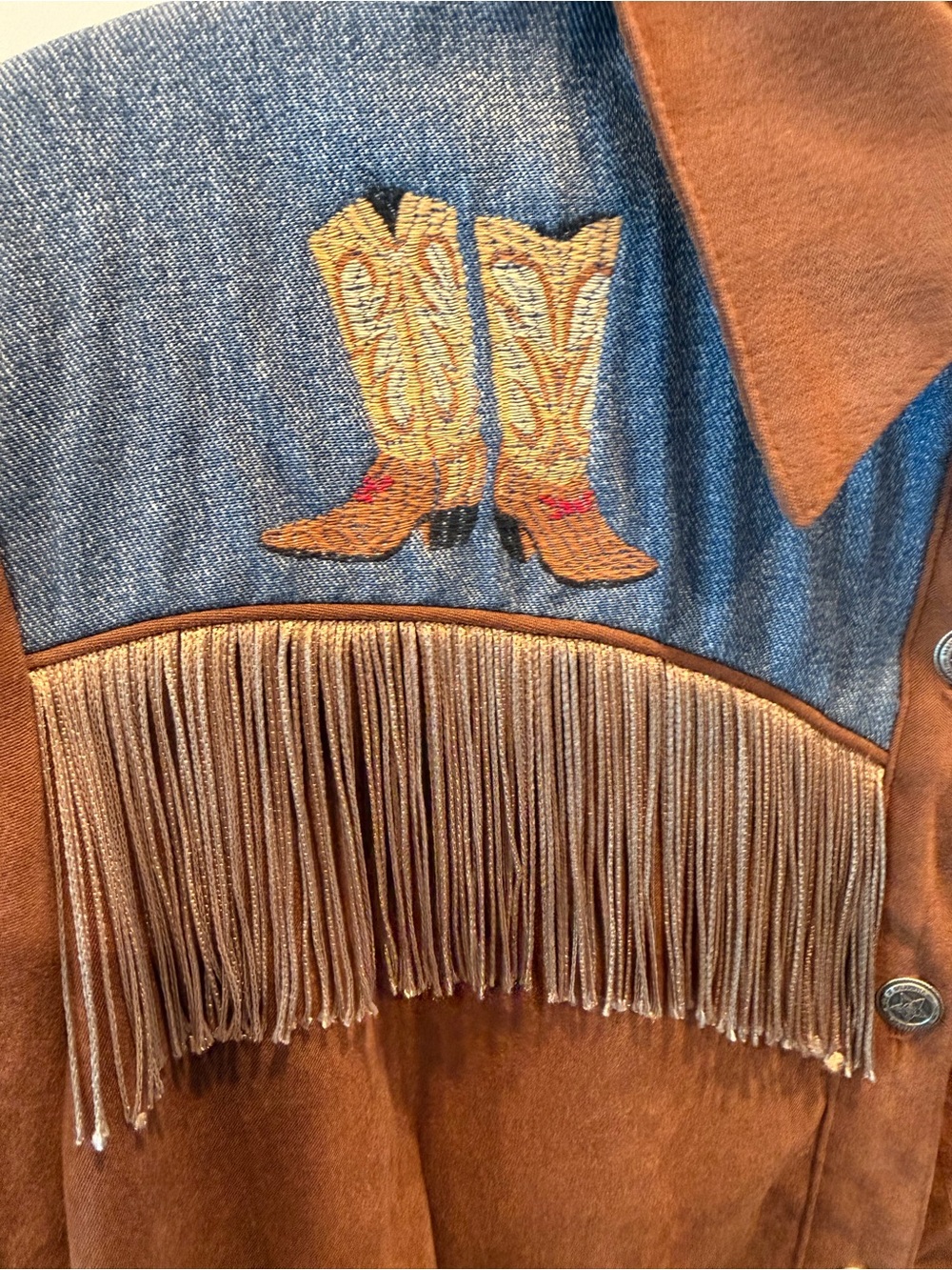 Brown Suede Western Fringe Jacket with Denim Yoke - Picture 5 of 14